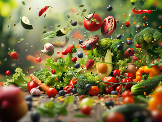 Ausgewogene und abwechslungsreiche Ernährung mit viel Gemüse und Obst - obrazy, fototapety, plakaty