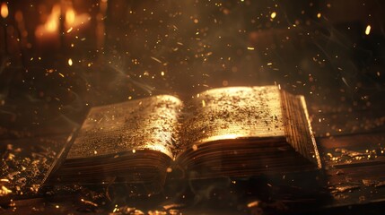 Enchanted Book Emitting Magical Sparks and Glowing in Darkness