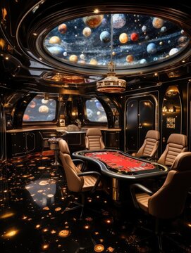 A luxury space themed casino aboard a spacecraft, offering zero gravity gambling experiences, where cards and chips float around players clad in futuristic attire