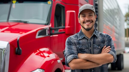 Smiling truck driver standing in front of a red semi truck