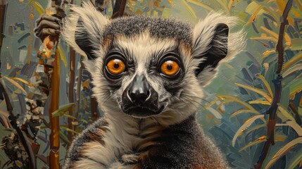 Naklejka premium Up-close portrait of a curious ring-tailed lemur in natural habitat