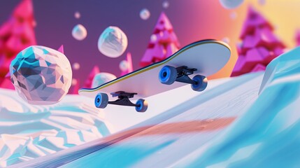 Vibrant winter skateboarding scene with floating skateboard and colorful trees - obrazy, fototapety, plakaty
