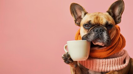 Cozy French Bulldog wearing an orange scarf holding a mug
