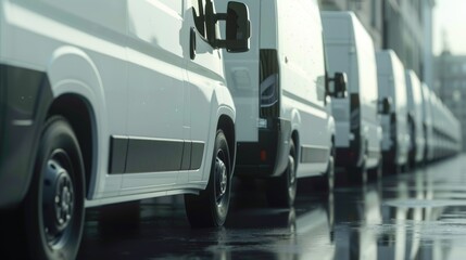 Fleet of Delivery Vans on Urban Road in Rainy Weather