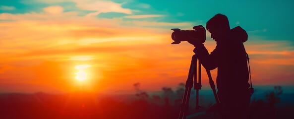 A banner Illustration of a silhouette of a young  male photographer in the Antarctic taking photographs on a tripod at sunset, snowy landscape, overlooking snowy mountains and above the clouds - obrazy, fototapety, plakaty