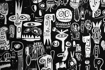 Cartoon face doodles white on black wall funny abstract weird monster creature