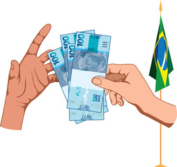 Imagem que captura o momento em que uma pessoa recebe uma nota de 100 reais. O foco está nas mãos trocando a moeda, simbolizando as transações financeiras no Brasil