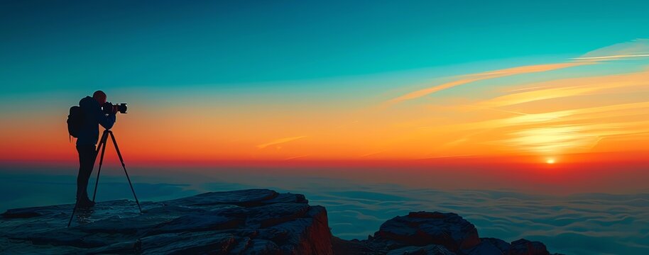 A banner Illustration of a silhouette of a male photographer in the Antarctic taking photographs on a tripod at sunset, on a mountain edge, snowy landscape