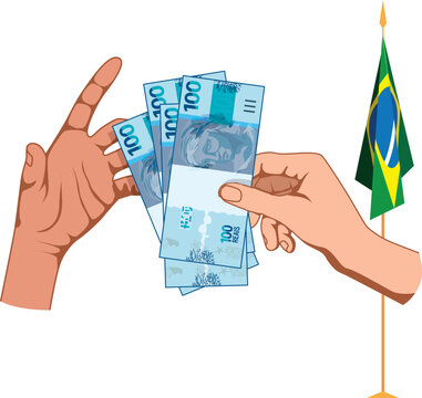 Imagem que captura o momento em que uma pessoa recebe uma nota de 100 reais. O foco est&aacute; nas m&atilde;os trocando a moeda, simbolizando as transa&ccedil;&otilde;es financeiras no Brasil