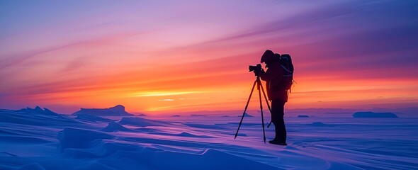 A banner Illustration of a silhouette of a male photographer in the Antarctic taking photographs on a tripod at sunset, snowy landscape