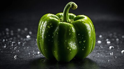 Single, vibrant green bell pepper sits on dark surface, covered in tiny water droplets that catch light. Pepper's smooth skin, plump shape suggest freshness,.