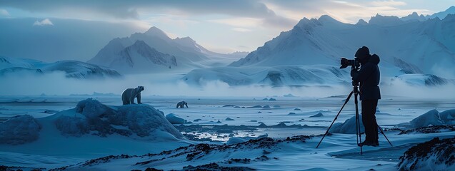 A banner illustration of a photographer taking pictures of polar bears in the snowy Antarctic , snowy mountains, photography