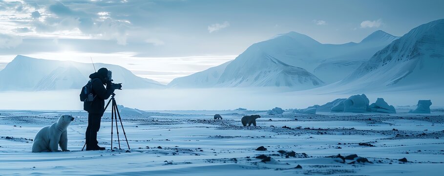 A banner illustration of a photographer taking pictures of polar bears in the snowy Antarctic , snowy mountains, photography