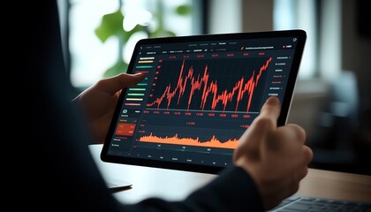 Closeup of a digital stock market graph on a tablet, hands pointing at significant peaks and troughs, focusing on analysis and strategy in finance
