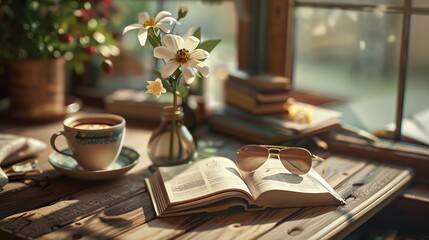 An illustration of a pair of sunglasses sitting on two books next to a cup of coffee on a summers day with a vase containing pretty white flowers
