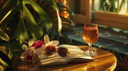 An illustration of a pair of sunglasses sitting on a book next to a glass of wine on a summers day, with pretty flowers