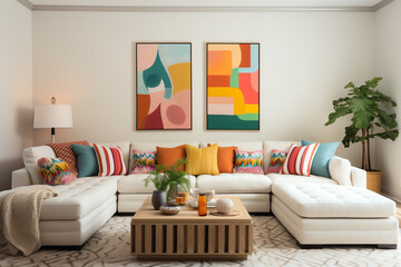 Cozy living room setup with colorful throw pillows, textured rugs, and a statement art wall, suitable for a family home renovation series or a cozy corner showcase
