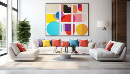 Minimalist living room with colorful accents in furniture and decor against neutral walls, perfect for modern living spaces or minimalist design inspirations