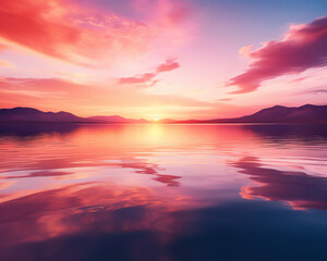 Naklejka na ściany i meble Tranquil sunset over a calm lake, with reflections of warm orange and pink hues on the water, perfect for relaxation and meditation app backgrounds