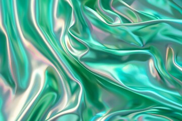 Obraz premium Holographic green and silver background with liquid metal texture of silk fabric cloth