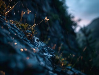 Dramatic Nighttime Cliff View with Low Depth of Field after Rain Generative AI - obrazy, fototapety, plakaty