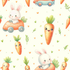 Watercolor seamless pattern with carrots and rabbits on a white background.