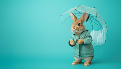 Cutie rabbit with transparent umbrella in modern teal raincoat. - 794140953