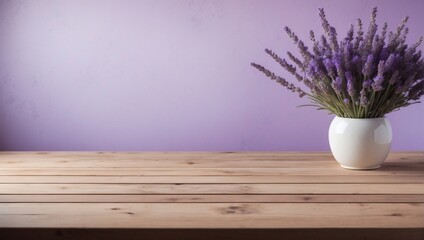 Blank Wooden Deck Table Set Against Lavender Wallpaper Background for a Tranquil Setting.