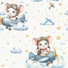 Watercolor white mouses flying toy airplanes in the snowy sky seamless pattern.