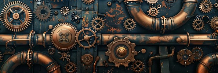 Steampunk Gears and Pipes Intricate Mechanical Wallpaper with Ample Copy Space for Design or Decor Elements