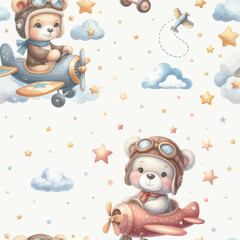 Watercolor teddy bears fly in planes in a seamless art pattern.