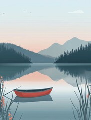 Tranquil Lakeside Landscape with Reflective Waters and Towering Mountains in the Distance Ideal for Wallpaper or Design Backgrounds