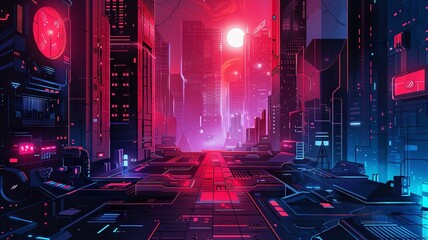 Vibrant Cityscape Nightscape with Futuristic Neon Skyscrapers and Glowing Infrastructure - obrazy, fototapety, plakaty