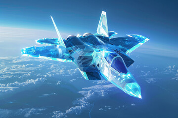 A blue fighter jet is flying through the sky - obrazy, fototapety, plakaty
