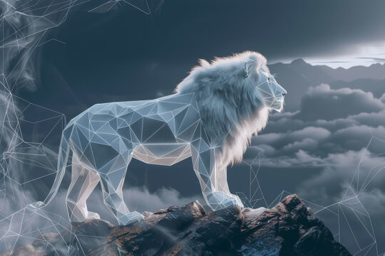 A white lion stands on a rocky mountain peak
