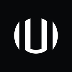 circular monogram logo design that forms the letters "u" . black and white. simple but interesting.