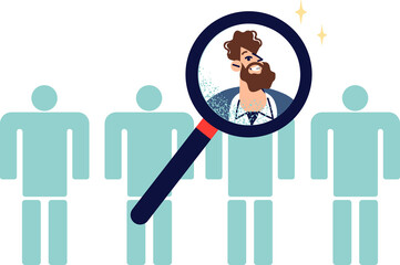 Recruiting process for selecting candidates for vacancy, with magnifying glass over man face near faceless people. Concept of importance of recruiting search for HR department employees
