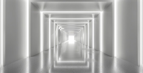 A long, narrow hallway with white walls and a white ceiling