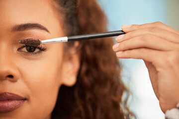 Woman, beauty and makeup or mascara in portrait with tools for eyelash as beautician at home....