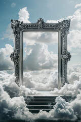 An ornate frame encases a stairway to the heavens, blending the clouds and sky into a surreal dreamscape.