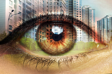 Double exposure of cityscape and woman with beautiful eye, closeup