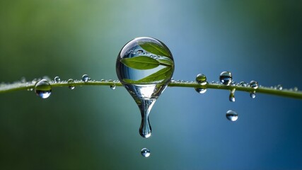 Large, perfectly spherical drop of water hangs suspended from thin green stem. Several smaller water drops visible on stem, appear to be dripping down.