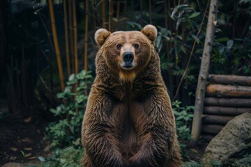 a bear standing in front of bamboo