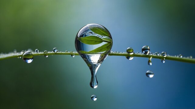 Large, perfectly spherical drop of water hangs suspended from thin green stem. Several smaller water drops visible on stem, appear to be dripping down.