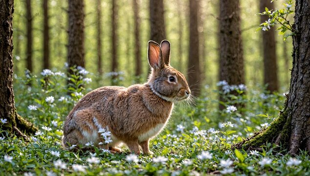 Dans la qui&eacute;tude de la for&ecirc;t, un superbe lapin se d&eacute;place gracieusement, sa fourrure soyeuse et ses grandes oreilles t&eacute;moignent de sa beaut&eacute; naturelle et de sa d&eacute;licatesse dans ce cadre serein.