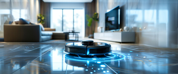 A robot vacuum cleaner is on a shiny floor in a living room
