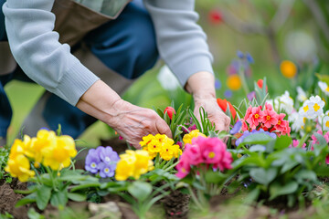 Close-up of mature hands gardening, suitable for springtime hobby themes.