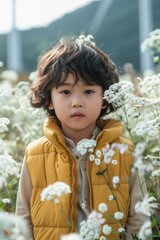 A young boy wearing a yellow vest stands amidst a field of white and yellow flowers