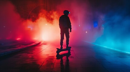 A man rides an electric skateboard through a city street at night, with red and blue lights illuminating the scene.