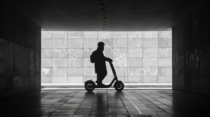 A man rides an e-scooter through a dark tunnel.